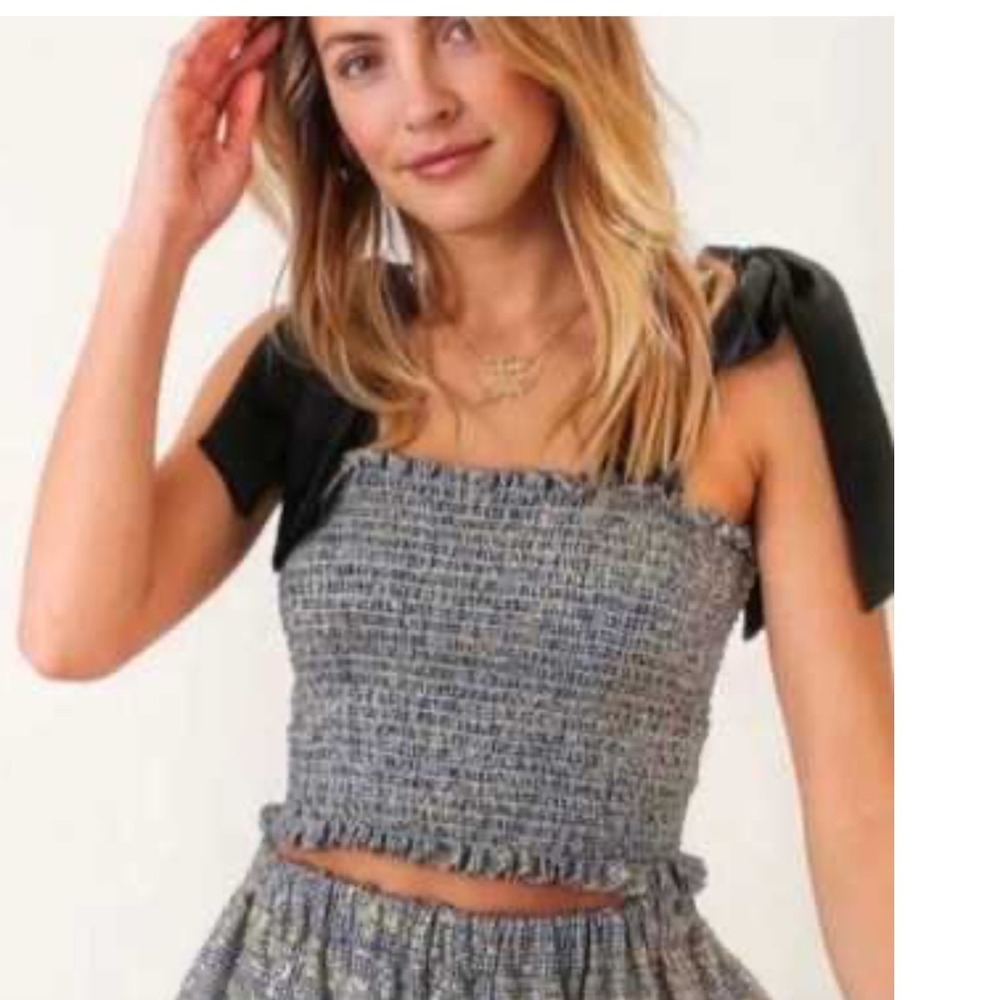 $295 Koch Cece Top XS Navy Gold elastic  Smocked Tweed Cropped Tie Shoulder Tank